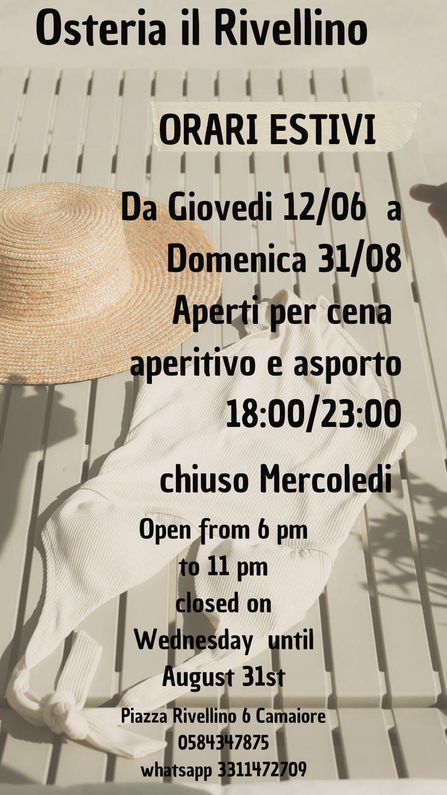 Orario Estivo: Osteria il Rivellino